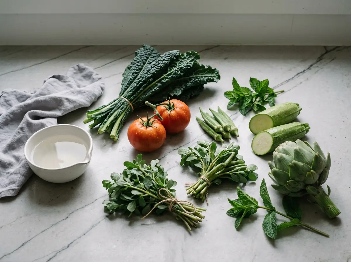 Lebanese mountain vegetables on a pale stone counter — kale, baladi tomatoes on the vine, okra, purslane, kousa, artichoke