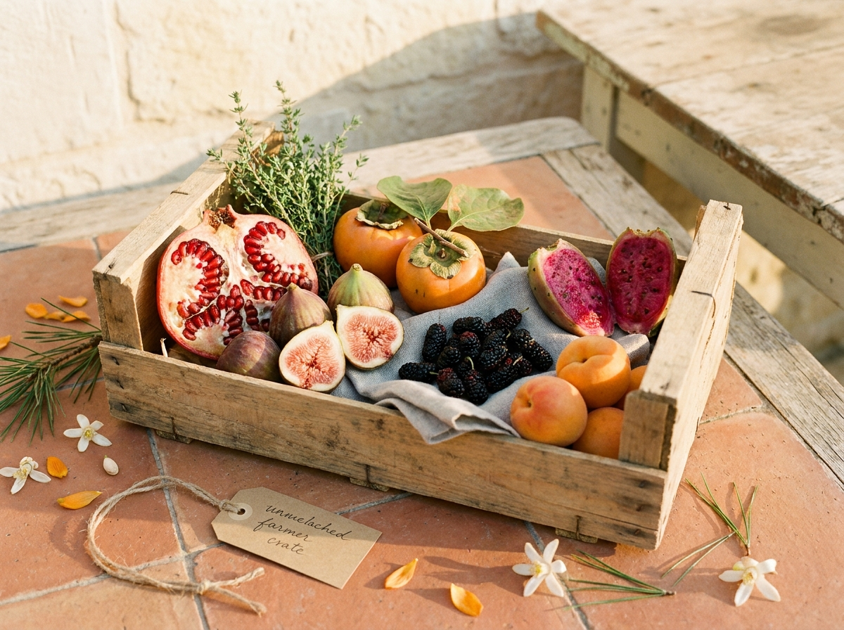 A wooden farmer's crate of Lebanese seasonal fruit — pomegranate, figs, persimmons, mulberries, apricots — on warm terracotta tile