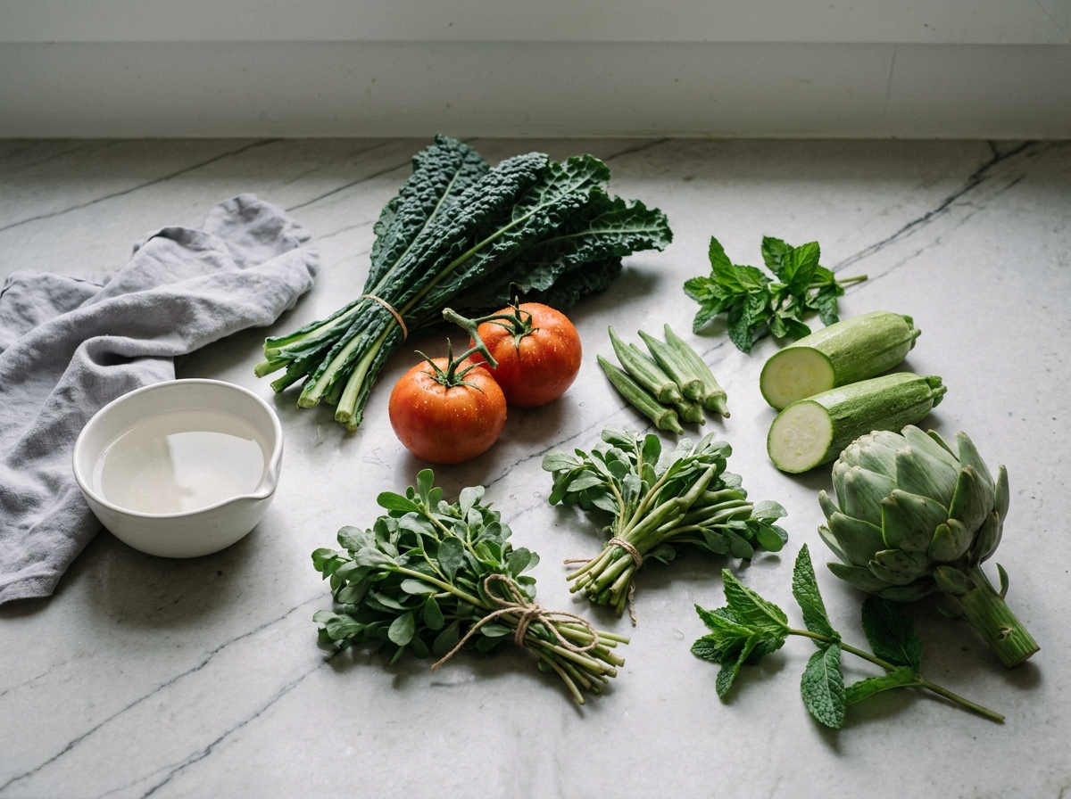 Lebanese mountain vegetables on a pale stone counter — kale, baladi tomatoes on the vine, okra, purslane, kousa, artichoke